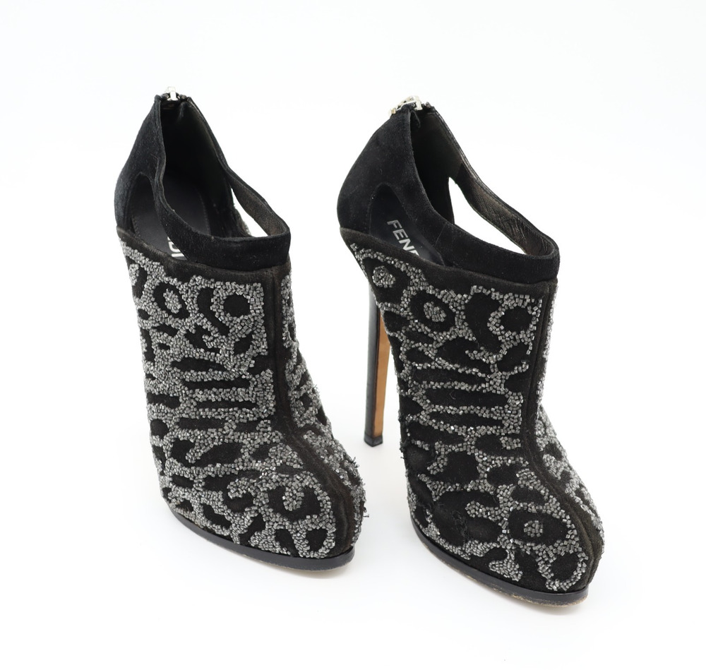 Fendi Black Suede Crystal Embellished Platform Ankle Booties Size 36 US Sz 6